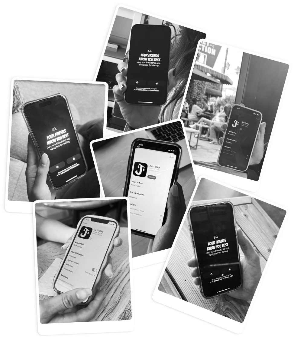 A pile of black-and-white snapshots of women holding phones running the Jury alpha: its opening screen, “Your friends know you best”, and its TestFlight invitation